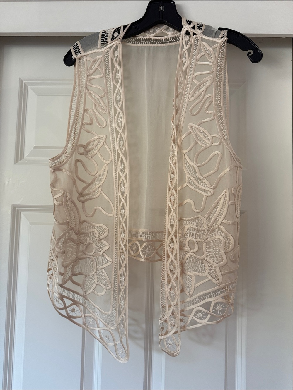 Embroidered silk Sheer Open Front Vest - Cream